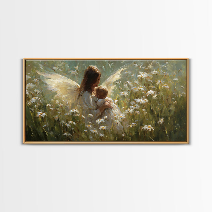 Guardian Angel Mother And Baby In Daisy Meadow Wall Art, Christian Nursery Decor, Spiritual Gift, Feminine Bedroom Decor