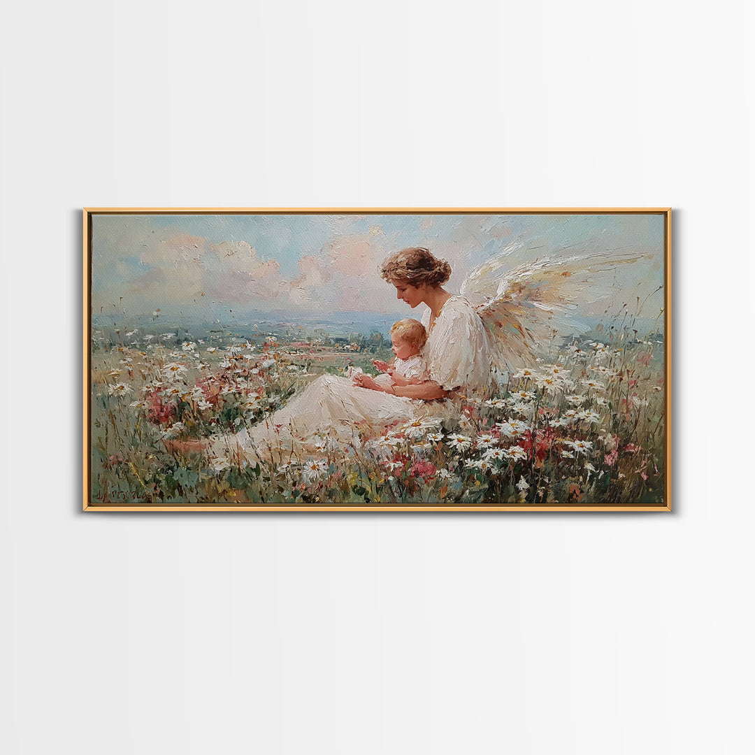 Angel Mother And Baby Over Wildflower Hills Canvas Print, Christian Wall Art, Nursery Decor, Housewarming Gift For Her, Living Room Decor