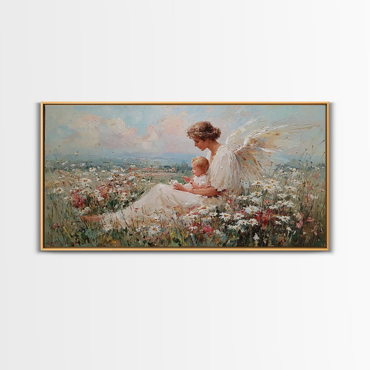 Angel Mother And Baby Over Wildflower Hills Canvas Print, Christian Wall Art, Nursery Decor, Housewarming Gift For Her, Living Room Decor