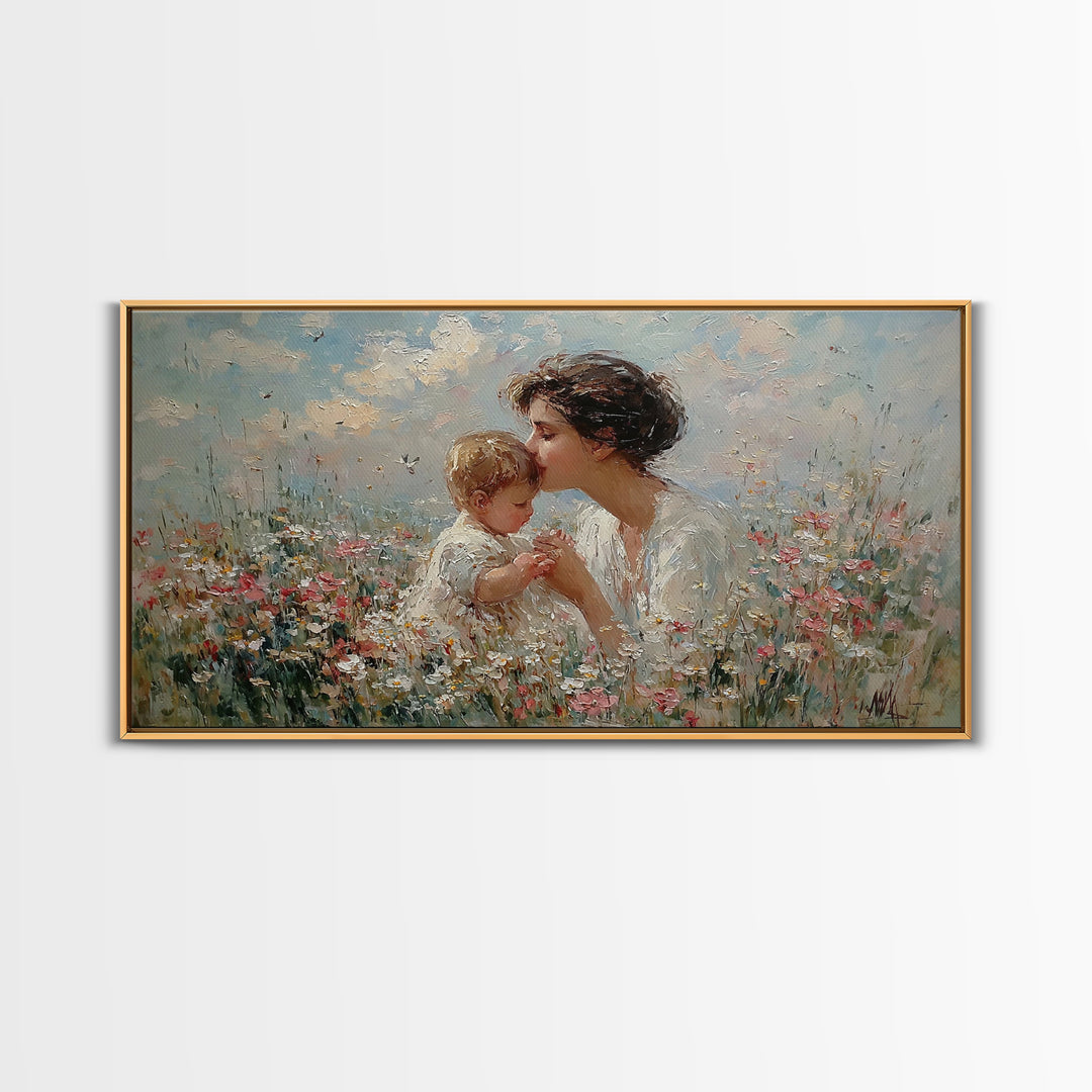 Mother Kissing Baby Among Wildflowers Wall Art, Impressionist Christian Art Print, Nursery Decor, Gift For Mom, Living Room Wall Art