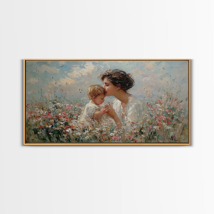 Mother Kissing Baby Among Wildflowers Wall Art, Impressionist Christian Art Print, Nursery Decor, Gift For Mom, Living Room Wall Art
