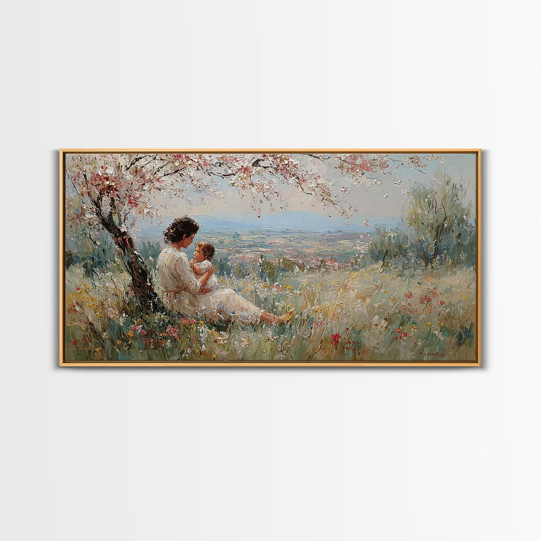 Mother And Child In Blooming Hillside Meadow Canvas Print, Spring Wall Art, Feminine Nursery Decor, Housewarming Gift, Living Room Decor