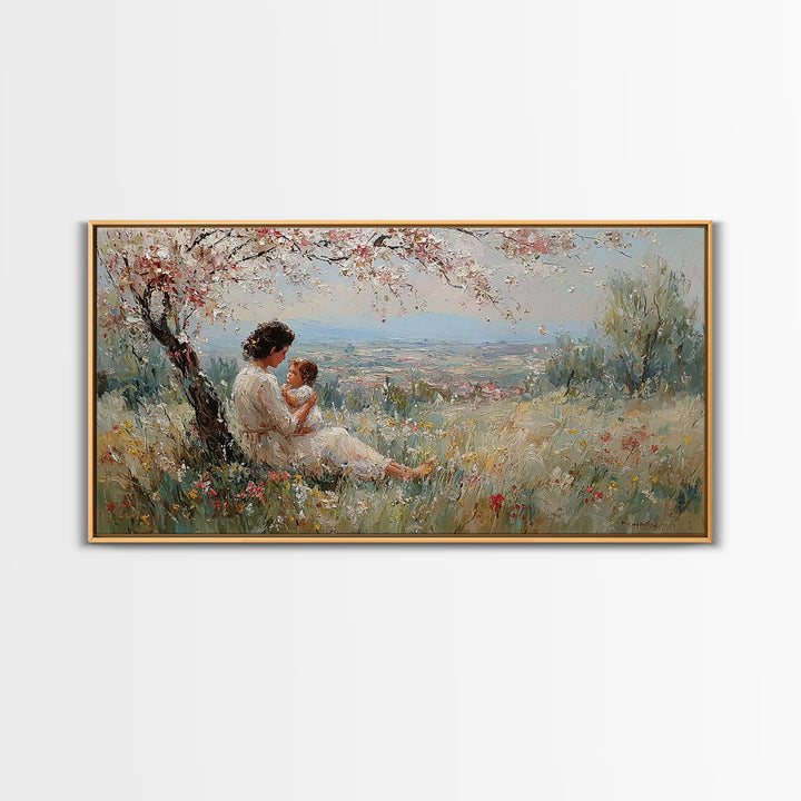 Mother And Child In Blooming Hillside Meadow Canvas Print, Spring Wall Art, Feminine Nursery Decor, Housewarming Gift, Living Room Decor