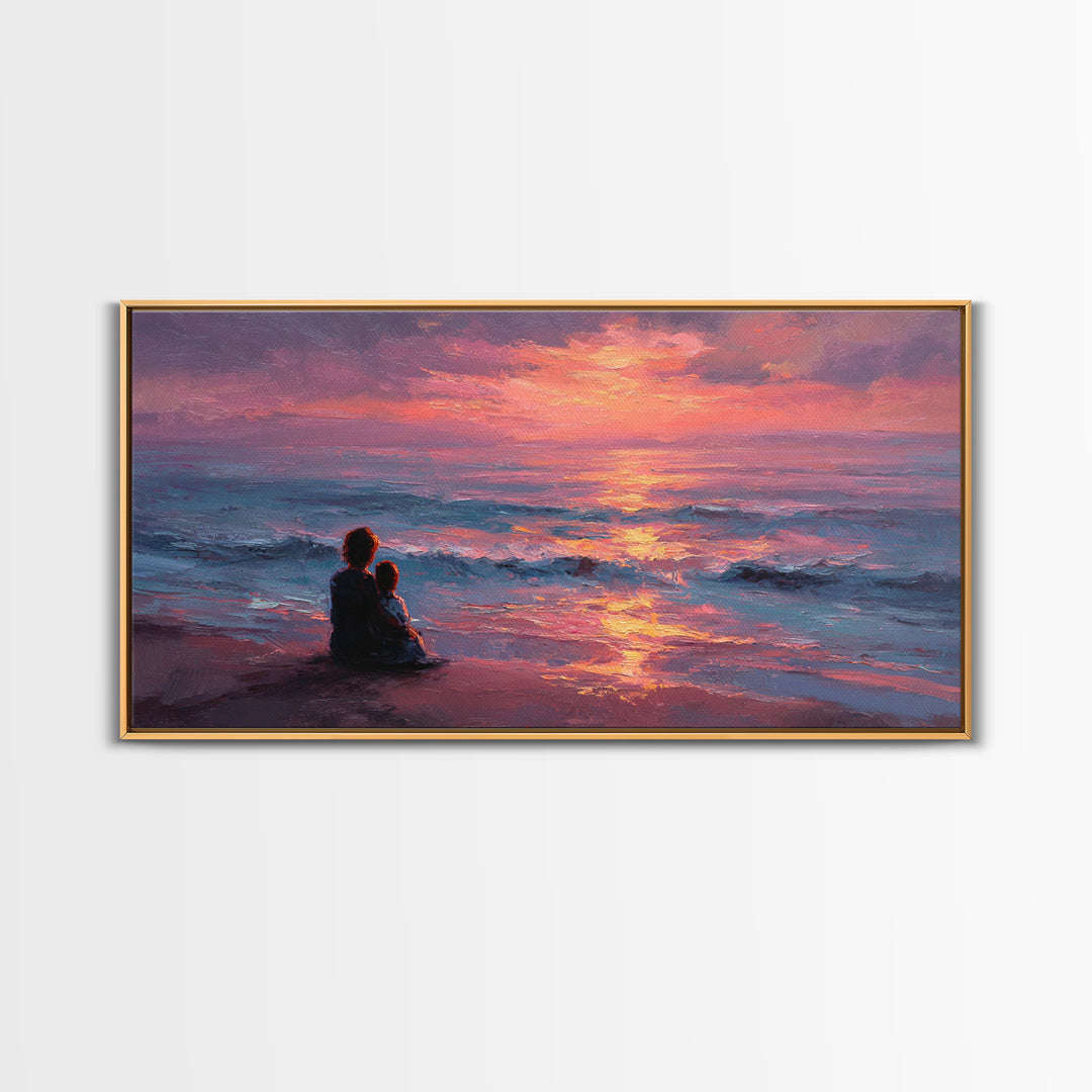 Mother And Child Watching Ocean Sunset Wall Art, Coastal Beach Canvas Print, Gift For Mom, Nursery Decor, Bedroom Wall Decor