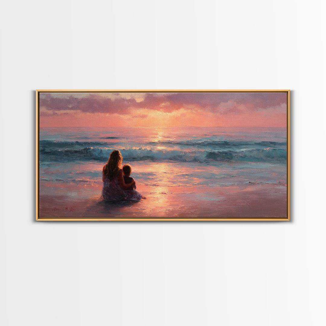 Mother And Child By Pink Ocean Sunset Wall Art, Coastal Seascape Canvas Print, Gift For Mom, Nursery Decor, Living Room Art