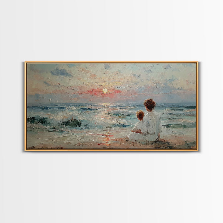 Mother And Child Seaside Sunrise Framed Canvas Print, Pastel Coastal Wall Art, Nursery Decor, Gift For Mom, Beach House Decor