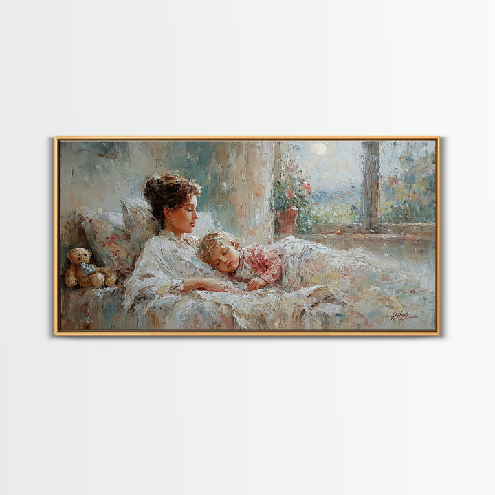 Mother And Child Morning Bedtime Wall Art, Impressionist Canvas Print, Nursery Decor, Gift For Mom, Cozy Bedroom Wall Decor