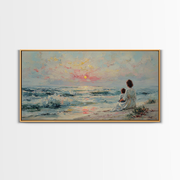 Mother And Child Watching Pastel Sea Sunset Wall Art, Coastal Framed Canvas Print, Nursery Decor, Gift For Mom, Beach Decor