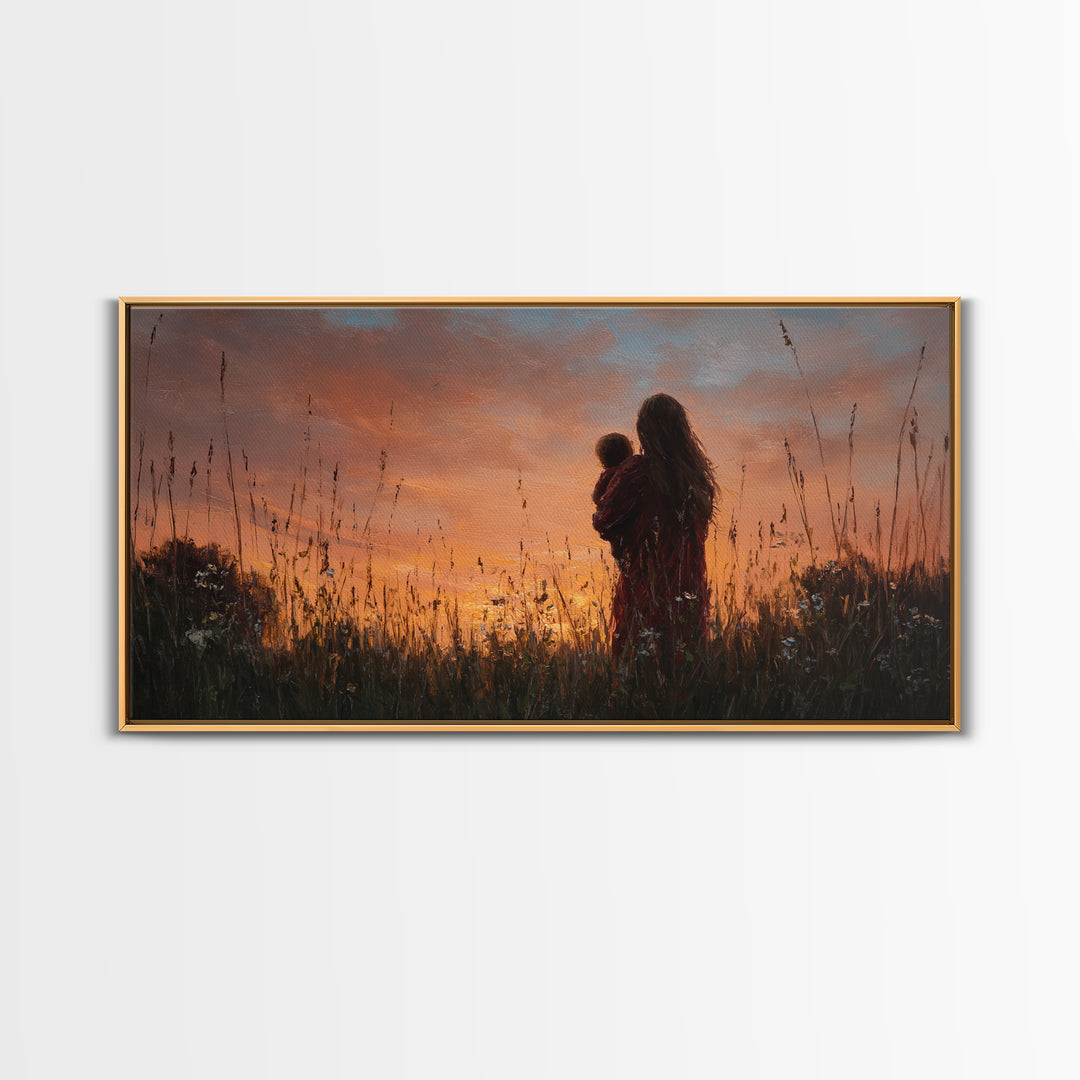 Mother And Baby Silhouette At Golden Sunset Wall Art, Rustic Landscape Canvas Print, Nursery Decor, Gift For Mom, Moody Wall Art