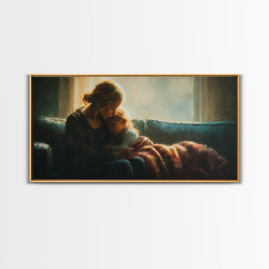 Mother Cuddling Child By Window Wall Art, Moody Bedroom Canvas Print, Nursery Decor, Gift For Mom, Cozy Home Decor, Fine Art