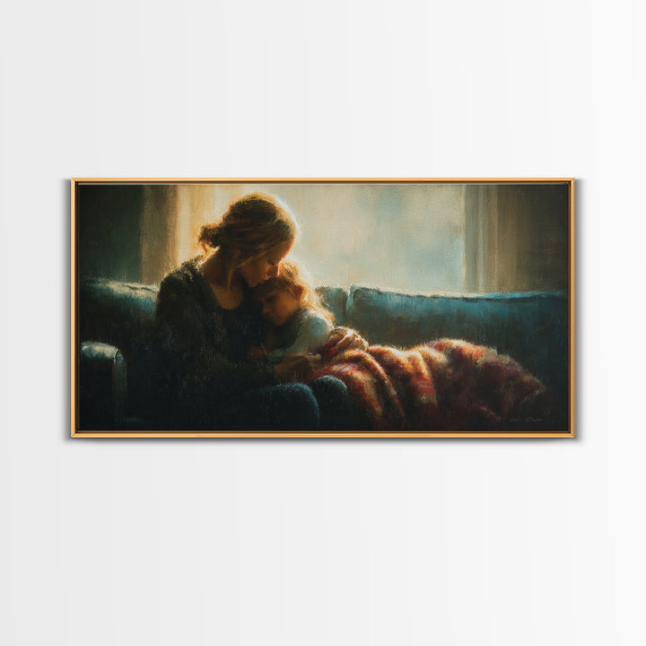 Mother Cuddling Child By Window Wall Art, Moody Bedroom Canvas Print, Nursery Decor, Gift For Mom, Cozy Home Decor, Fine Art