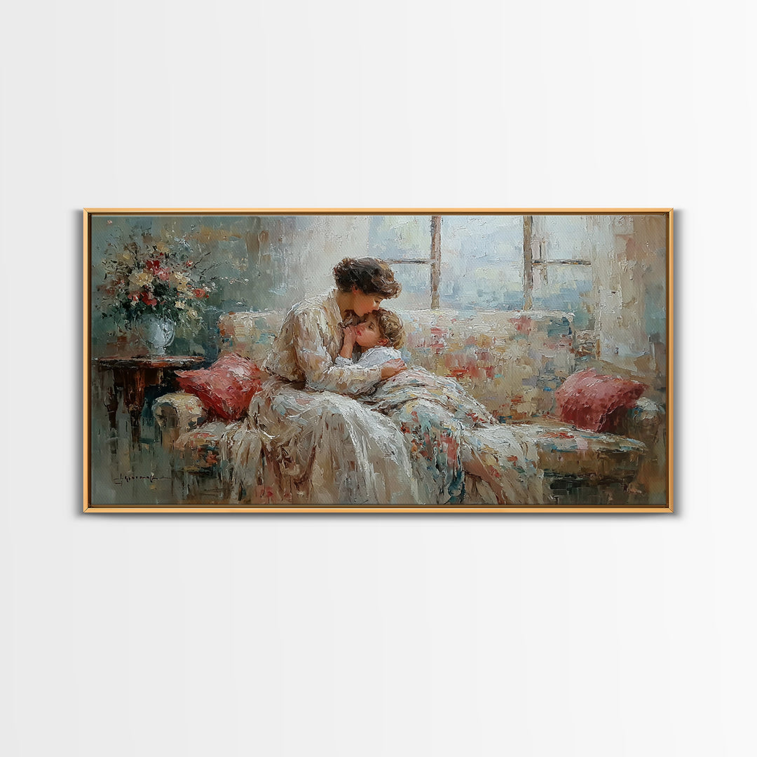 Mother And Baby Morning Embrace Wall Art, Impressionist Nursery Decor, Cozy Bedroom Print, Gift For Mom, Framed Fine Art