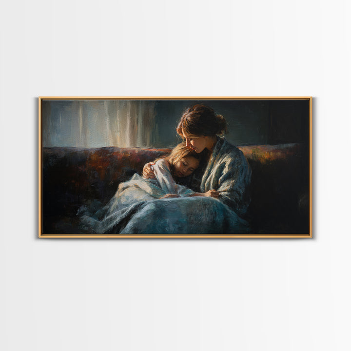 Mother And Sleeping Child Canvas Print, Moody Impressionist Wall Decor, Cozy Bedroom Art, Gift For Her, Warm Home Decor Print