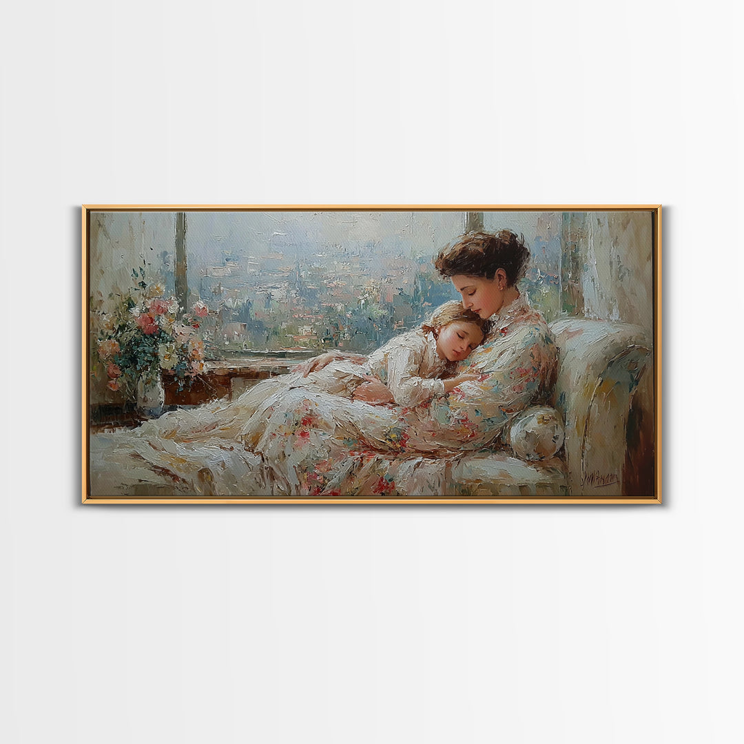 Tender Mother And Child Framed Canvas Print, Soft Impressionist Wall Art, Nursery Decor, Bedroom Wall Decor, Gift For Mom