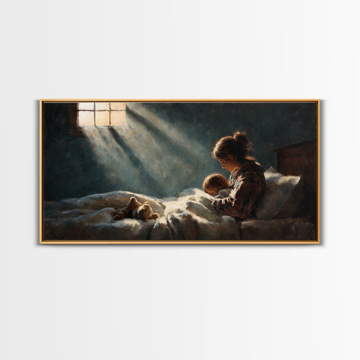 Mother Tucking Child Into Bed Wall Art, Sunlit Impressionist Nursery Decor, Cozy Bedroom Wall Decor, Teddy Bear Art Print