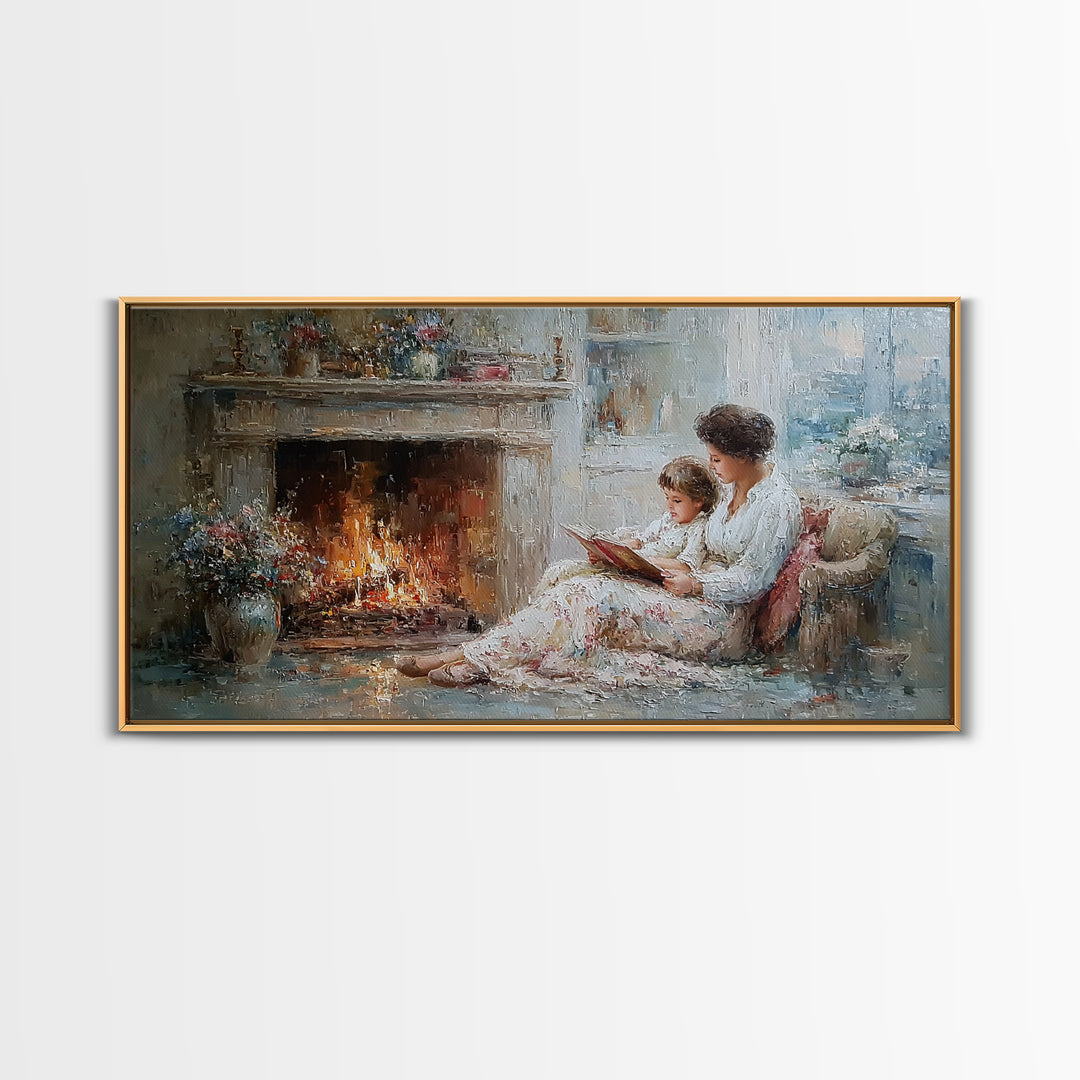 Mother And Child Reading By Fireplace Framed Canvas Print, Cozy Living Room Wall Art, Storybook Nursery Decor, Gift For Mom