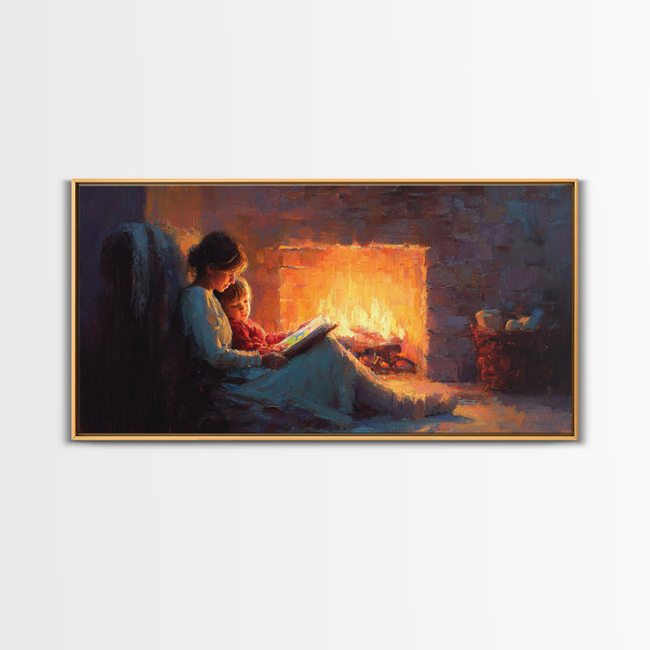 Mother And Child Fireside Reading Canvas Print, Warm Storybook Wall Art, Cozy Cabin Decor, Nursery Art, Gift For Book Lover