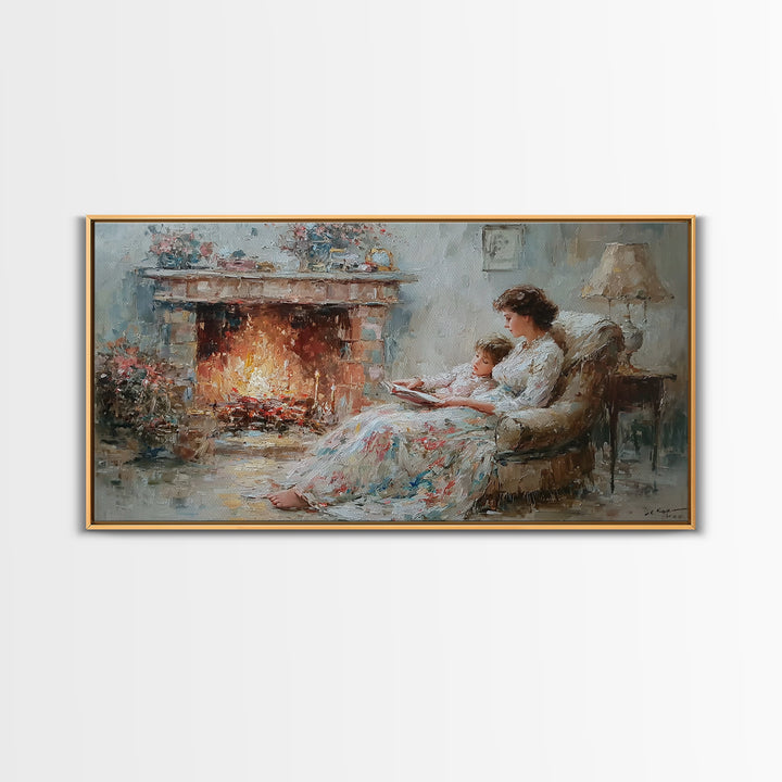 Mother And Child Reading Near Fireplace Wall Art, Impressionist Living Room Decor, Cozy Bedroom Art, Housewarming Gift Print