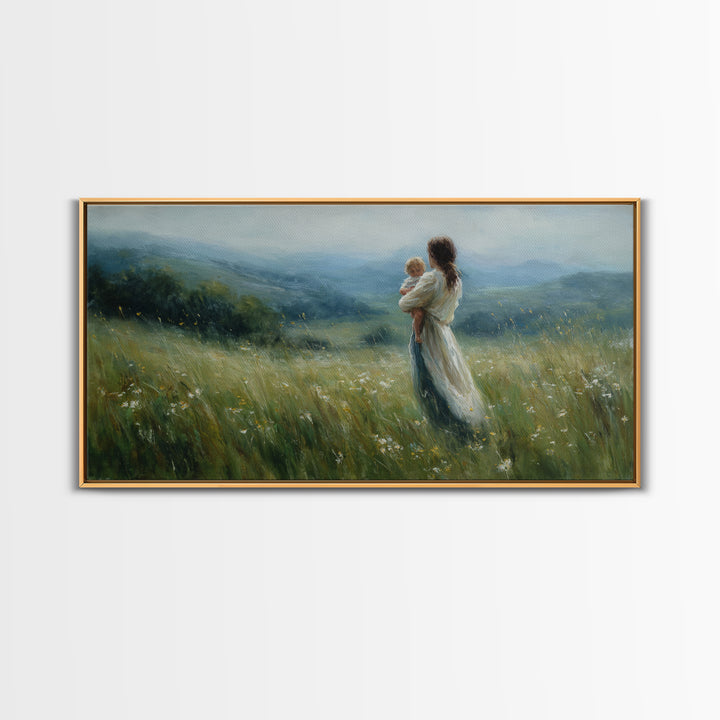 Mother Holding Baby In Misty Meadow Wall Art, Impressionist Landscape Painting, Serene Nursery Decor, Gift For Mom, Home Decor