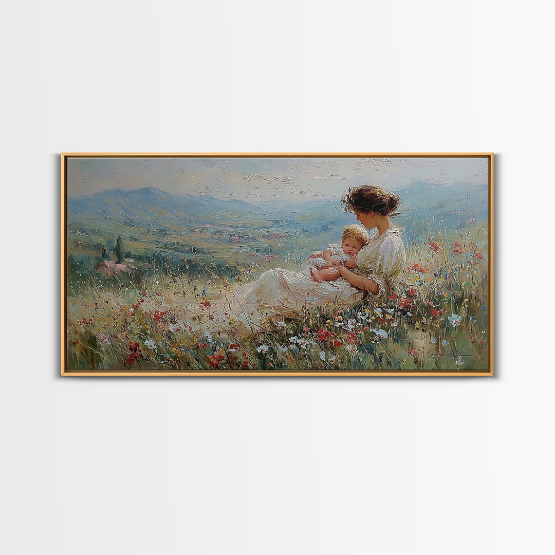 Mother And Infant In Flower Meadow Wall Art, Impressionist Landscape Canvas Print, Feminine Nursery Decor, Gift For Mom, Home Decor