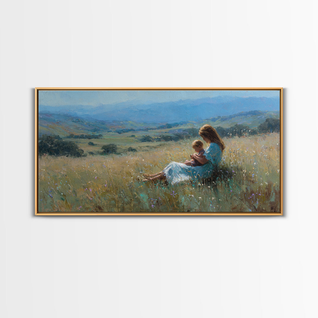 Mother And Baby In Golden Meadow Wall Art, Impressionist Mountain Landscape Canvas Print, Nursery Decor, Housewarming Gift
