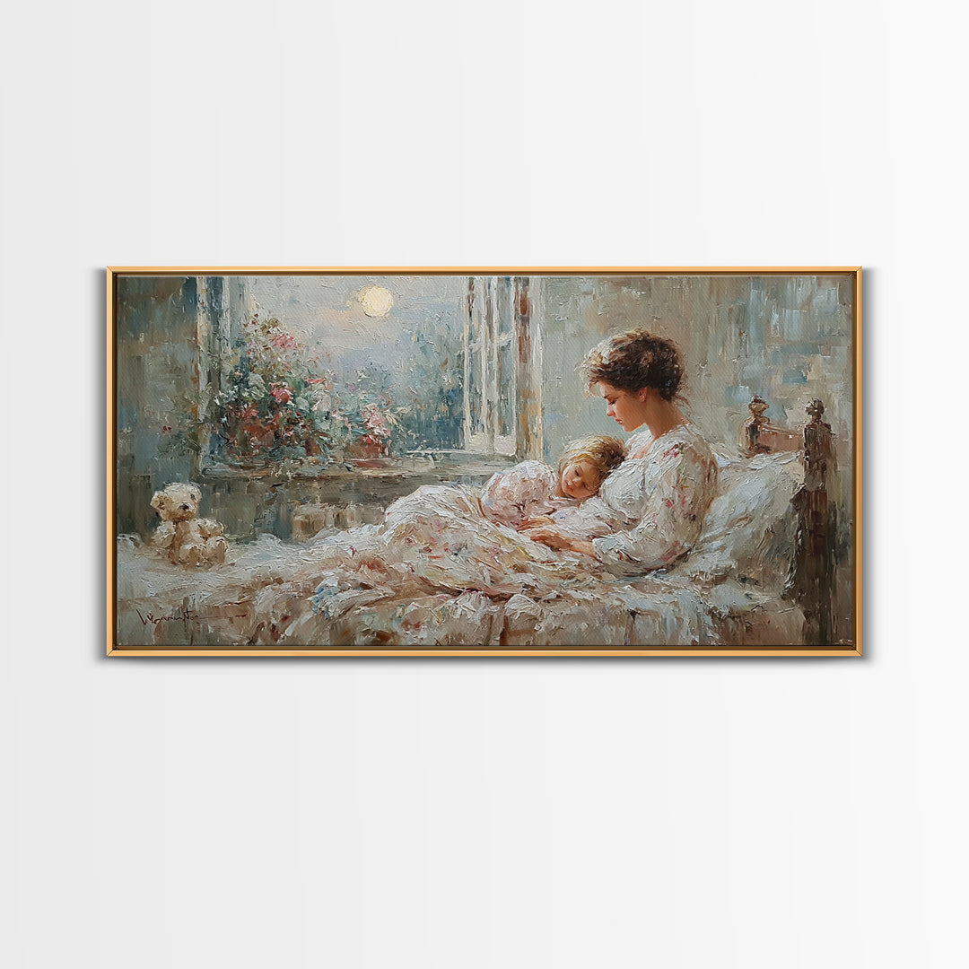 Mother And Child In Moonlit Bedroom Wall Art, Romantic Impressionist Canvas Print, Cozy Nursery Decor, Gift For Mom, Home Decor