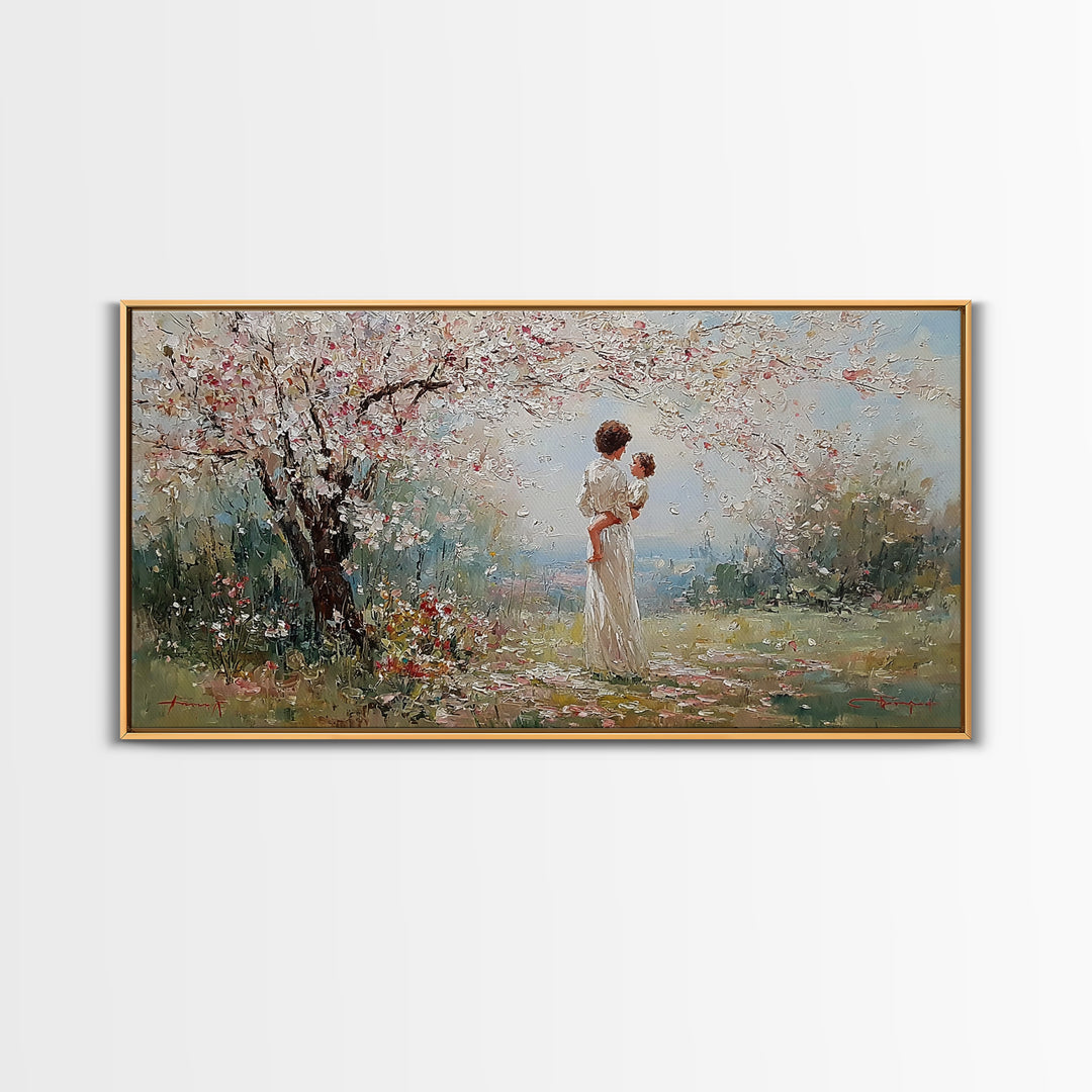 Mother And Baby Under Cherry Blossoms Wall Art, Spring Impressionist Landscape Canvas Print, Pink Floral Decor, Gift For Mom