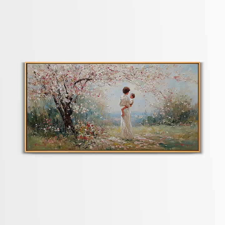 Mother And Baby Under Cherry Blossoms Wall Art, Spring Impressionist Landscape Canvas Print, Pink Floral Decor, Gift For Mom