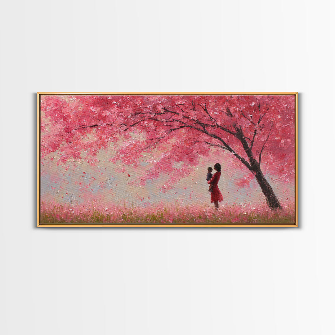 Mother And Baby Beneath Pink Cherry Tree Wall Art, Romantic Spring Landscape Canvas Print, Feminine Decor, Gift For Her, Home Decor