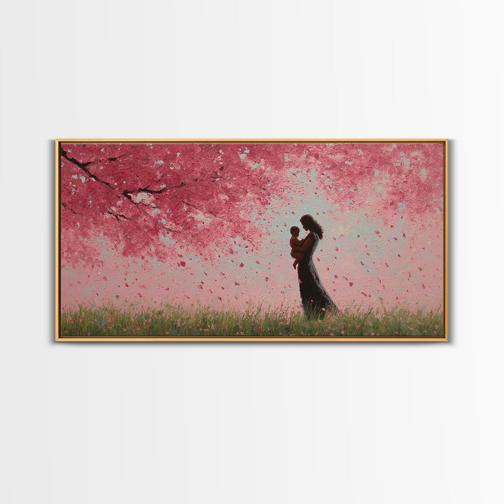 Mother And Child In Pink Blossom Rain Wall Art, Romantic Cherry Blossom Canvas Print, Feminine Bedroom Decor, Gift For Mom