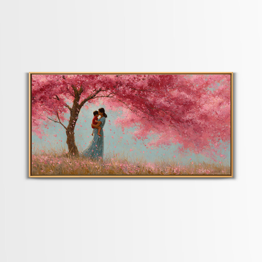 Black Mother And Baby Under Pink Blossoms Wall Art, Angelic Nursery Decor, Feminine Bedroom Print, Gift For Mom, Living Room Decor