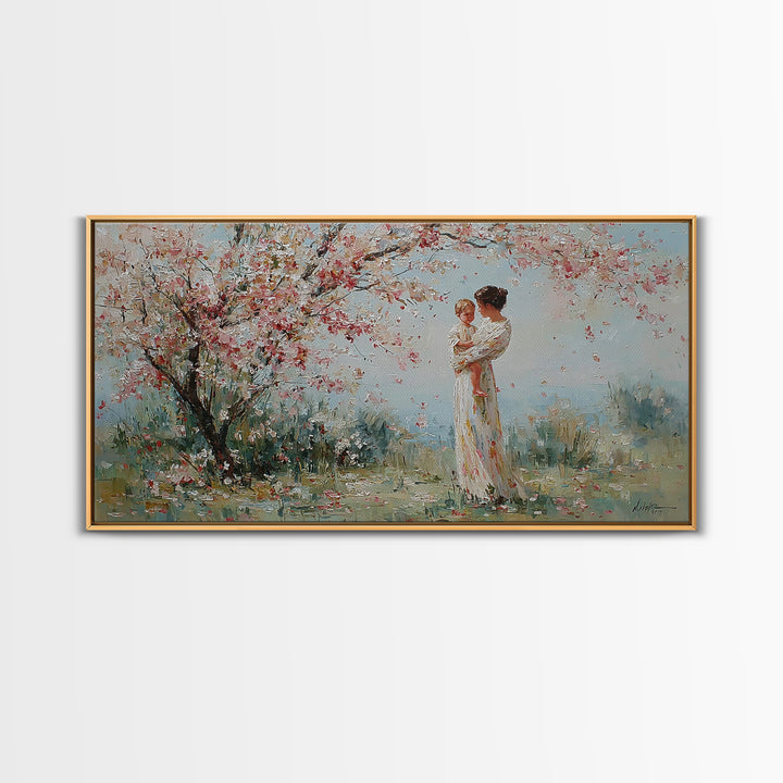 Impressionist Mother Holding Baby Framed Canvas Print, Cherry Blossom Nursery Wall Art, Spring Home Decor, Gift For Her, Mom