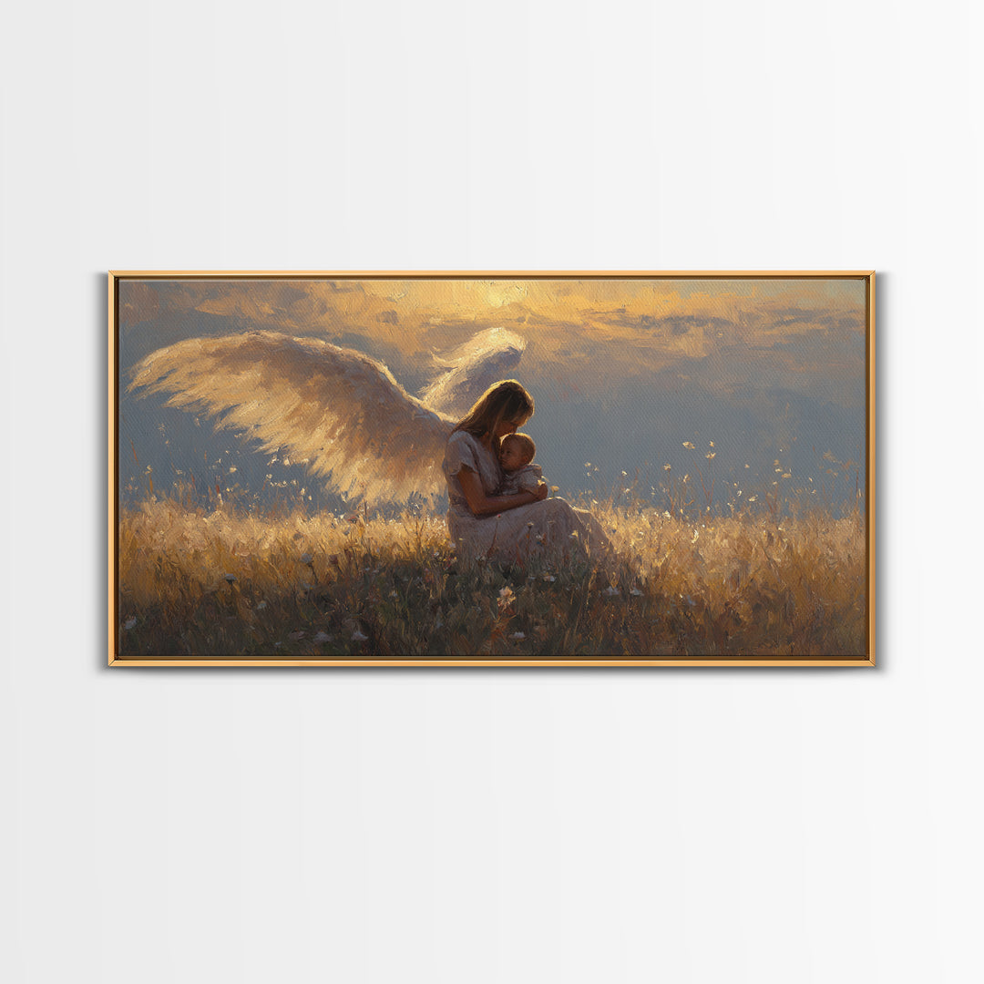Golden Angel Mother Cuddling Baby Wall Art, Spiritual Canvas Print, Christian Nursery Decor, Calming Bedroom Art, Gift For Mom