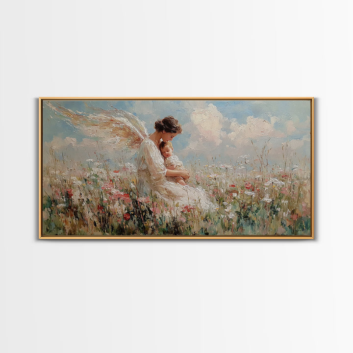 Angel Mother Nursing Baby In Wildflower Meadow Framed Canvas Print, Christian Wall Art, Nursery Decor, Gift For New Mom, Baby Shower Gift