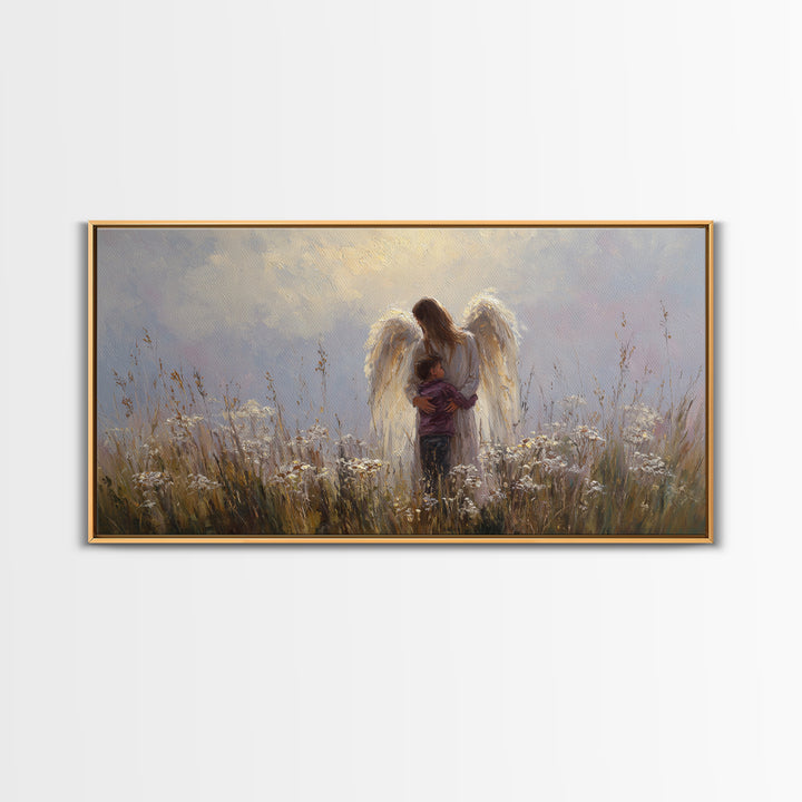 Guardian Angel Embracing Young Boy Wall Art, Christian Framed Canvas Print, Spiritual Nursery Decor, Sympathy Gift For Him