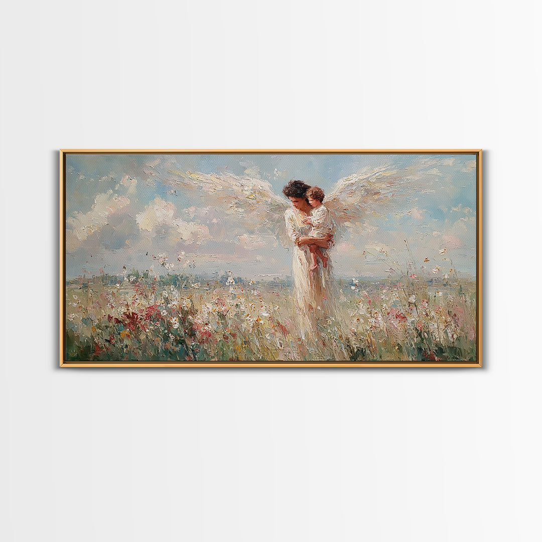 Angel Mother Holding Baby In Flower Meadow Canvas Print, Christian Wall Art, Heavenly Nursery Decor, Baby Shower Gift For New Mom