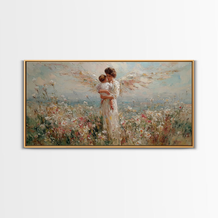 Angel Mother Holding Baby In Wildflower Meadow Canvas Print, Christian Wall Art, Floral Wall Art, Nursery Decor, Gift For Her