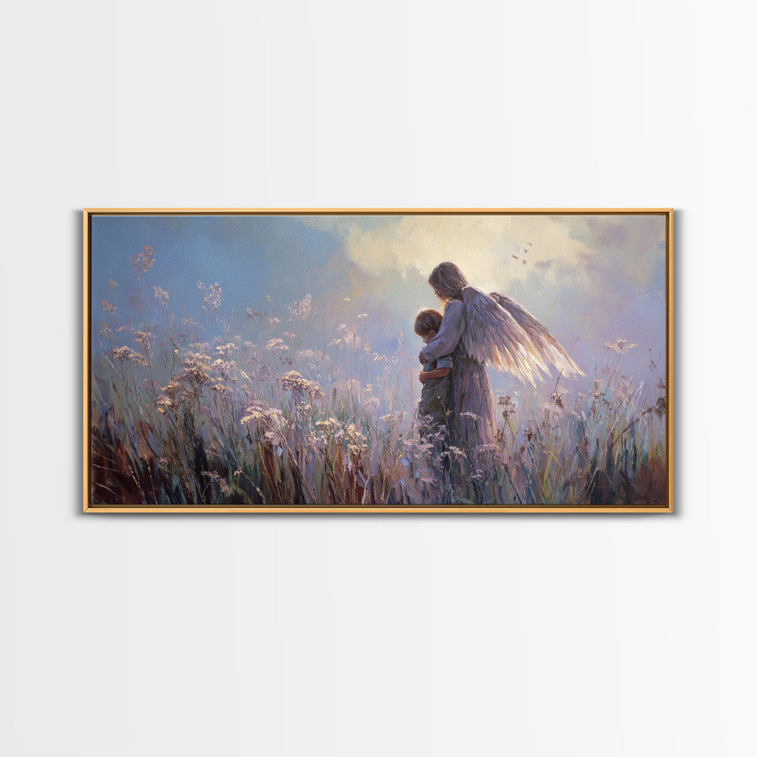 Luminous Guardian Angel With Child In Blue Meadow Canvas Print, Christian Wall Art, Nursery Wall Art, Calming Bedroom Decor