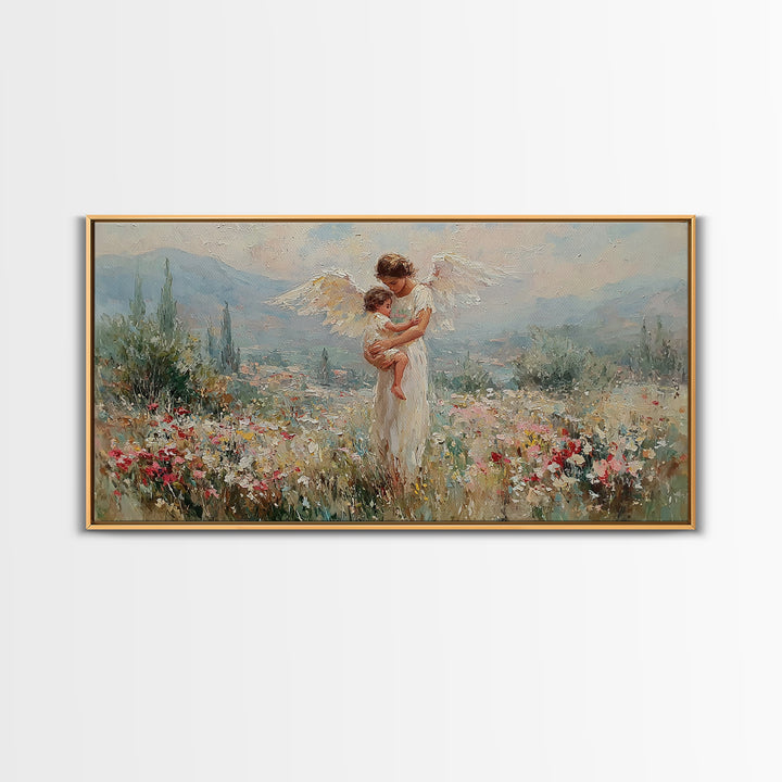 Angel And Baby In Mountain Wildflower Valley Framed Canvas Print, Christian Wall Art, Floral Wall Art, Living Room Decor