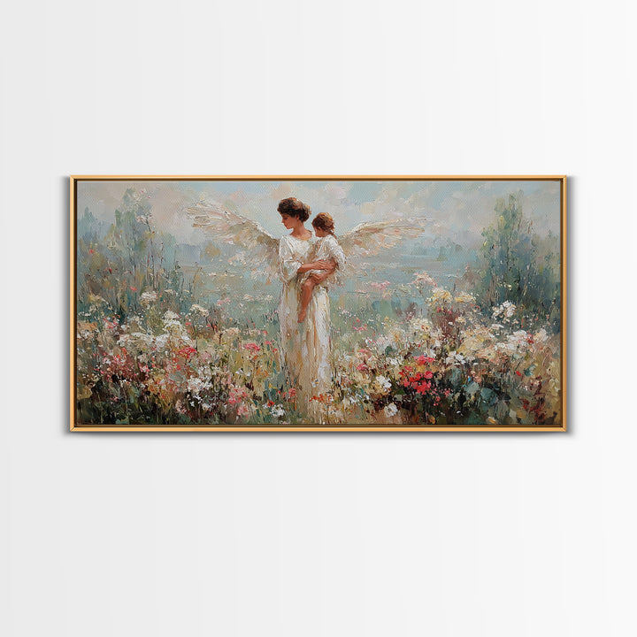 Angel Mother Holding Baby In Blooming Garden Framed Canvas Print, Christian Wall Art, Floral Wall Art, Nursery Decor, Gift For Her