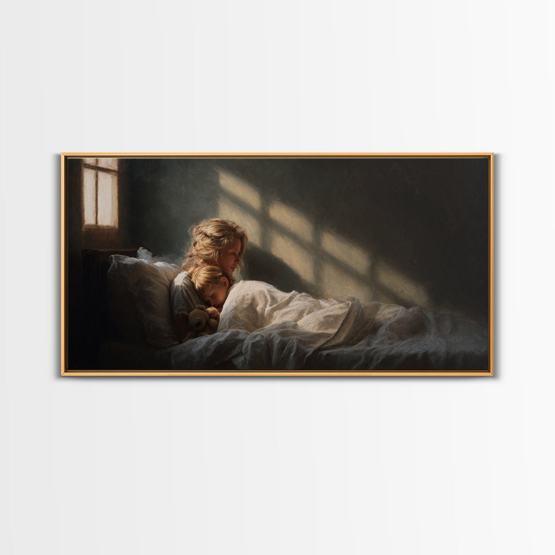 Children Sleeping With Teddy In Sunlit Bedroom Wall Art, Cozy Bedroom Decor, Dark Academia, Nursery Art, Housewarming Gift