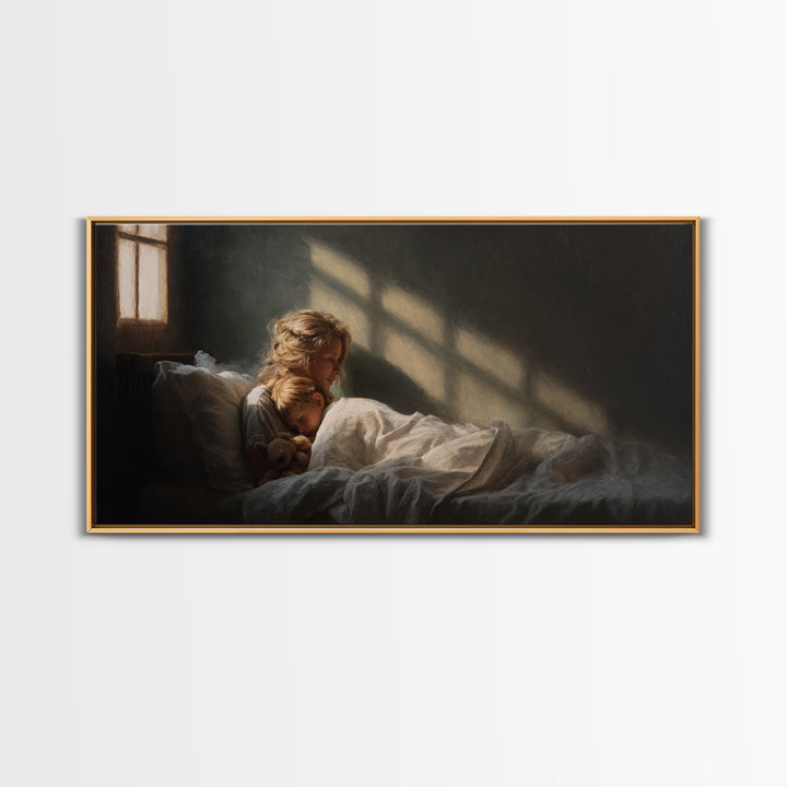 Children Sleeping With Teddy In Sunlit Bedroom Wall Art, Cozy Bedroom Decor, Dark Academia, Nursery Art, Housewarming Gift