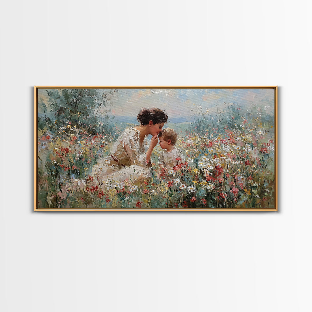 Mother And Child In Wildflower Garden Framed Canvas Print, Floral Wall Art, Christian Wall Art, Living Room Decor, Gift For Her