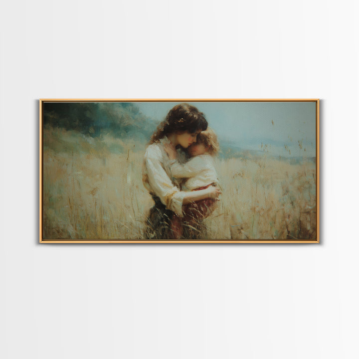 Tender Mother And Child Embrace In Golden Meadow Wall Art, Moody Impressionist Oil Painting, Neutral Bedroom Decor, Gift For Mom