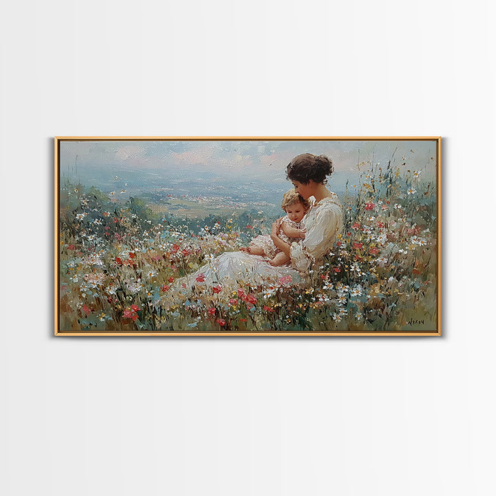 Mother Holding Baby In Wildflower Meadow Canvas Print, Impressionist Floral Landscape, Nursery Wall Art, Housewarming Gift