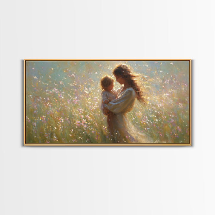Sunlit Mother And Child In Wildflower Meadow Wall Art, Impressionist Meadow Canvas, Feminine Bedroom Decor, Gift For Mom