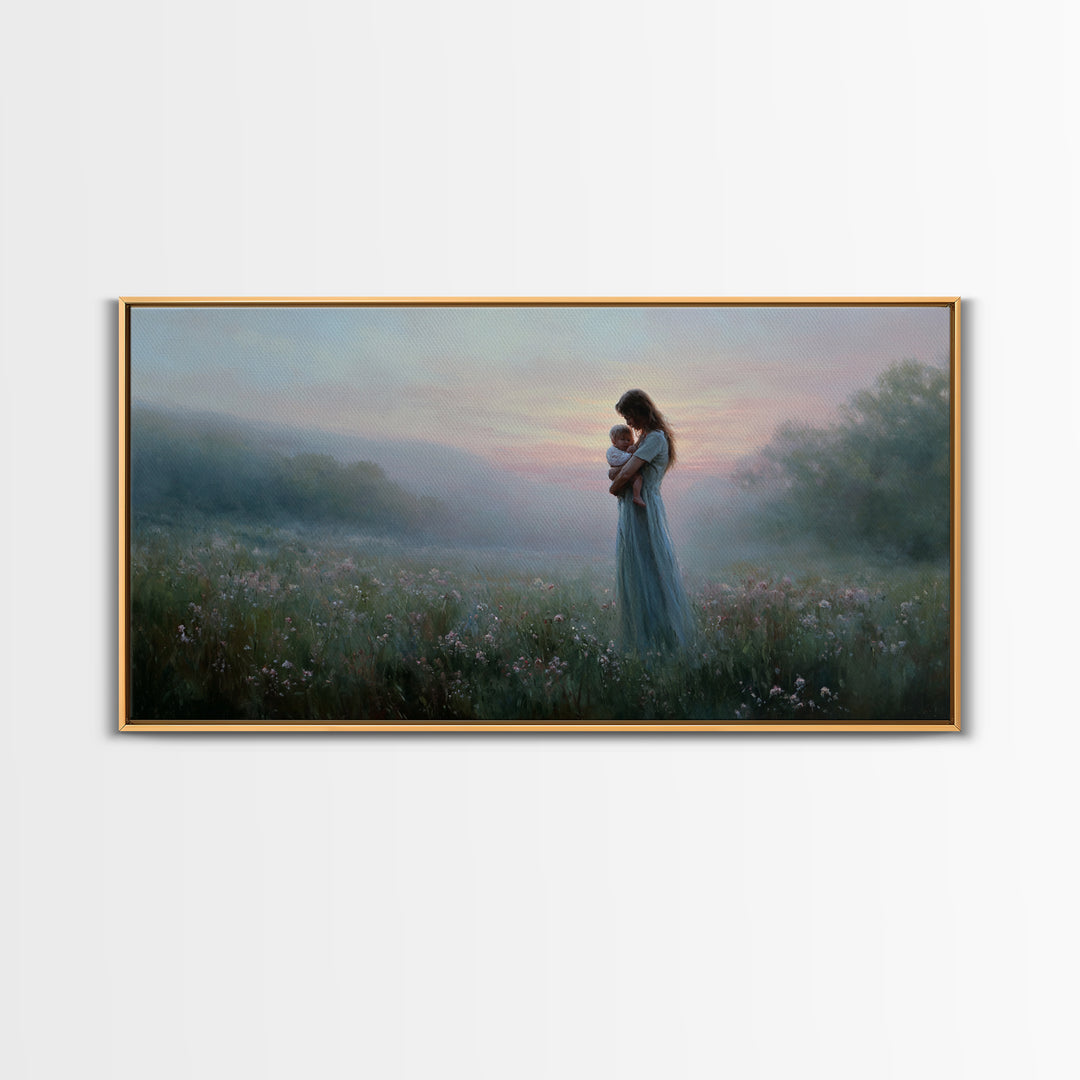 Misty Mother And Baby Meadow Wall Art, Impressionist Wildflower Landscape Print, Serene Nursery Decor, Gift For Mom, Home Decor