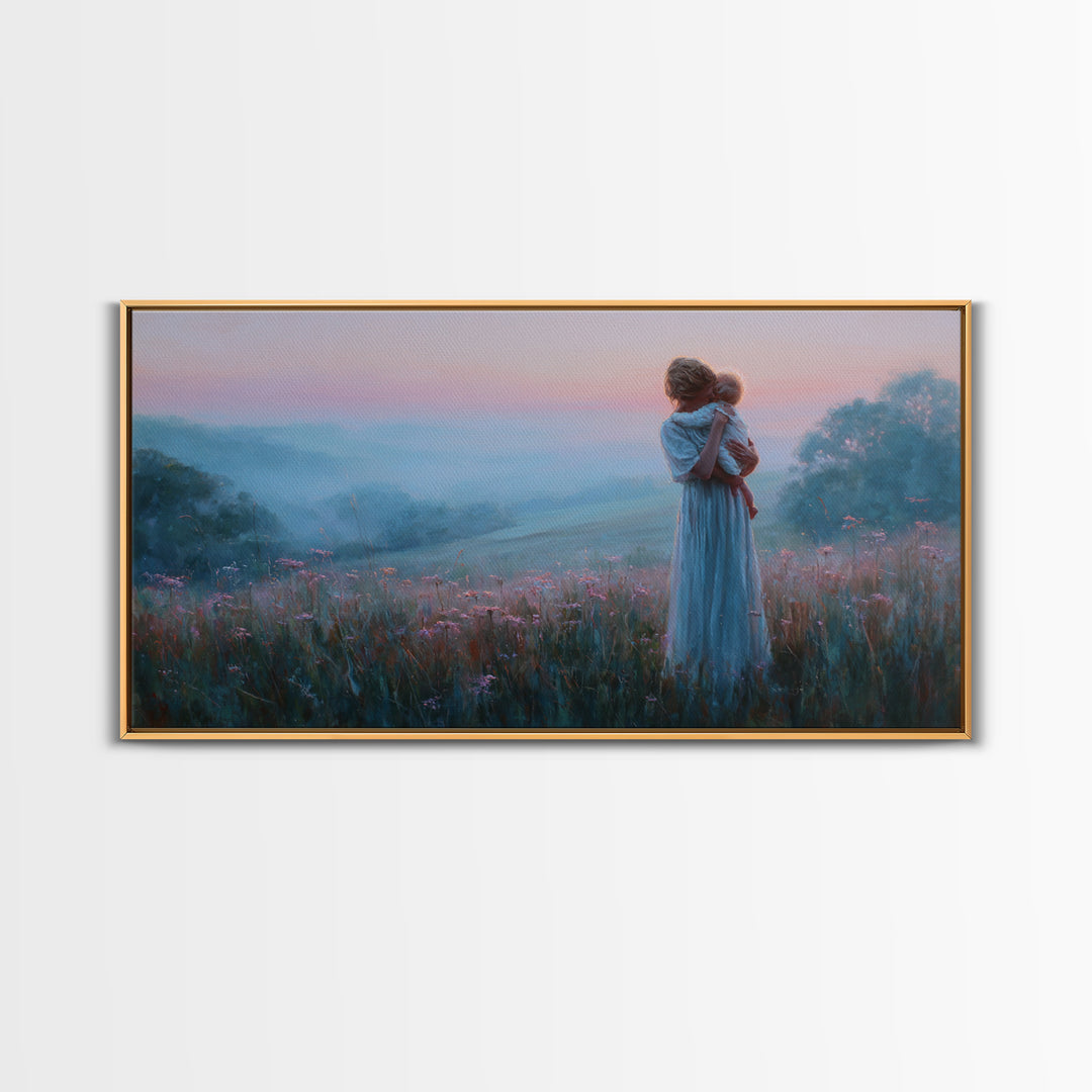 Mother Holding Baby At Pink Dusk Canvas Print, Misty Wildflower Meadow Wall Art, Nursery Decor, Gift For Mom, Serene Bedroom Decor