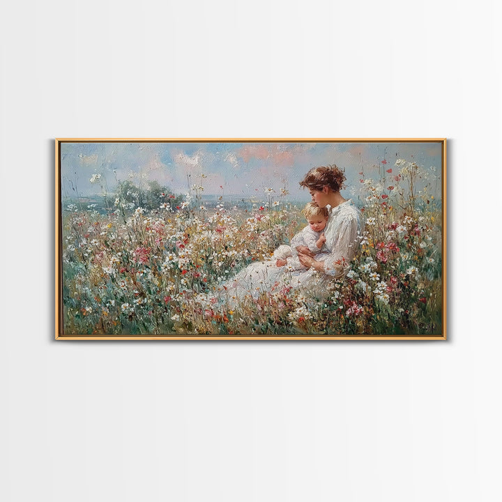 Mother And Baby In Coastal Wildflower Meadow Wall Art, Impressionist Framed Canvas Print, Nursery Decor, Gift For Mom, Home Decor