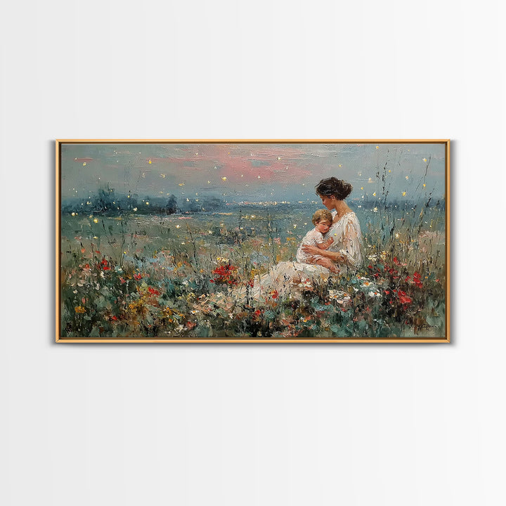 Golden Firefly Mother And Baby Meadow Canvas Print, Serene Lakeside Wall Art, Impressionist Nursery Decor, Gift For Mom, Home Decor
